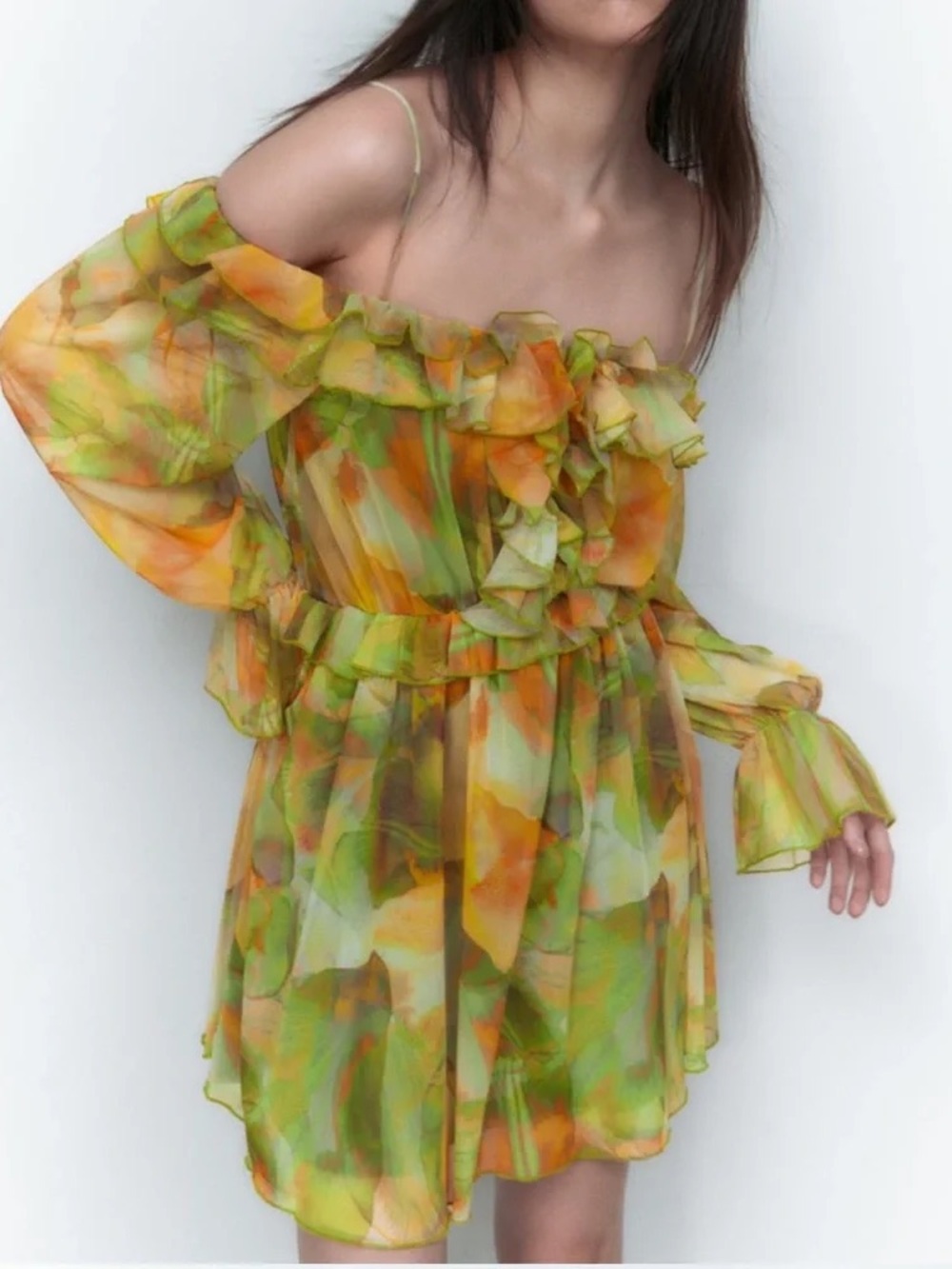 Zara Green and Orange Sheer Off-Shoulder Ruffle Dress